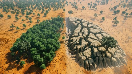 a top view of the world's forests in shape of lungs, one side is lush green and healthy while other half shows dry trees with black spots on it symbolizing defellence to global warming