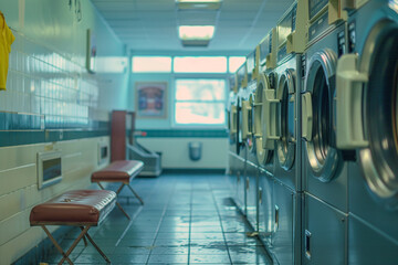Laundromat scene with machines in a row  