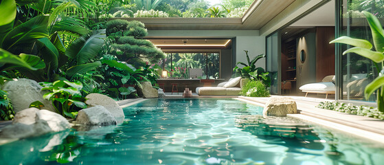 Luxury resort pool with a stunning tropical backdrop, perfect for relaxation and enjoyment in the sunny climate