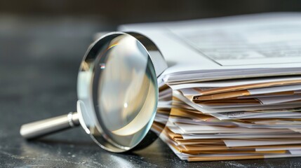 Stack of documents and magnifying glass on the table.