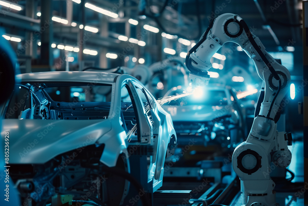Poster robot working on car in factory