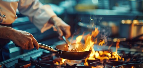 Vibrant image showcasing a chef's hands skillfully creating culinary delights amidst fiery cooking techniques. 