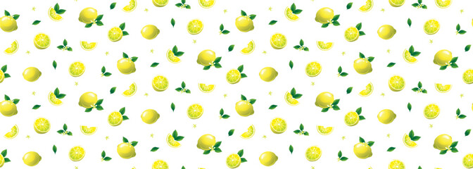 Lemon with flowers and leaves seamless background pattern. Vector illustration