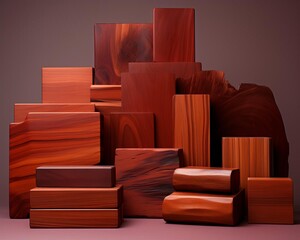 A display of padauk wood, notable for its deep orangered color that matures to a rich brown, used in fine furniture and flooring
