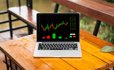 Laptop with statistic graph of stock market financial analysis, Stock Market Investment concept.
