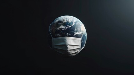 Ebola earth wearing a medical mask on a space background, concept of a global virus attacking planet Earth.