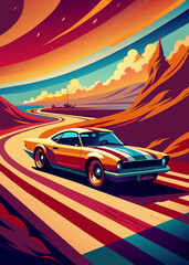 Naklejka premium A vibrant and eye-catching vintage-inspired design featuring a racing car drifting around an American flag. The car is adorned with patriotic colors and leaves a trail of smoke as it navigates 