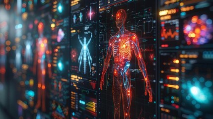 The image is depicting a futuristic view of a digital interface with a human body outline in the center
