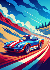 Naklejka premium A vibrant and eye-catching vintage-inspired design featuring a racing car drifting around an American flag. The car is adorned with patriotic colors and leaves a trail of smoke as it navigates 