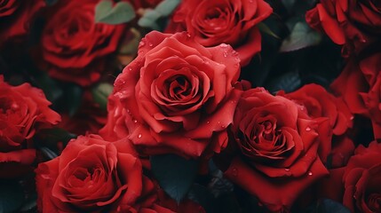 A cluster of vibrant red roses in full bloom, their velvety petals exuding romance and passion.