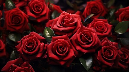 A cluster of vibrant red roses in full bloom, their velvety petals exuding romance and passion.