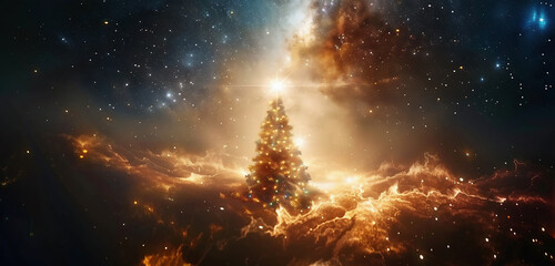 Abstraction, Star of Bethlehem with Christmas tree in space. Christmas holidays