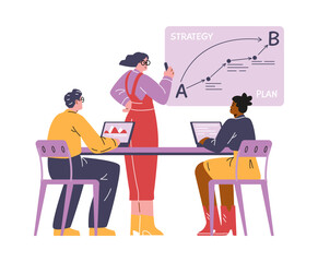 Business change management strategy. Flat style, isolated background, and training.