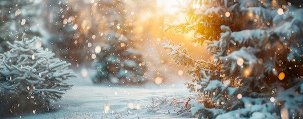 Golden sunlight filtering through a snowy forest, creating a mystical atmosphere with bokeh effects.