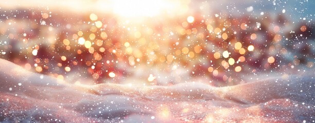 Snow-covered landscape enhanced by glowing golden bokeh lights creating a warm festive atmosphere.