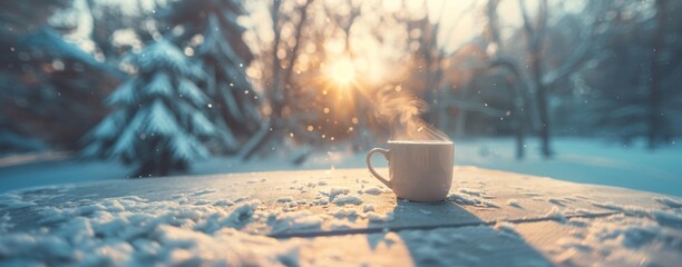 A steamy mug of coffee set on a wooden surface with snowy winter background at sunset.