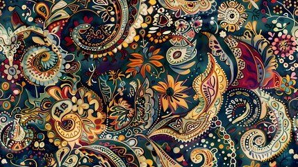 Vibrant Floral and Ornamental Pattern in Bohemian and Ethnic Style with Lush Mandala and Paisley Designs
