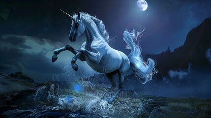 A majestic white unicorn stands on the edge of a cliff, its mane and tail flowing in the wind
