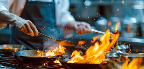 Close-up of a chef's hands cooking with precision and flare in a restaurant kitchen. 