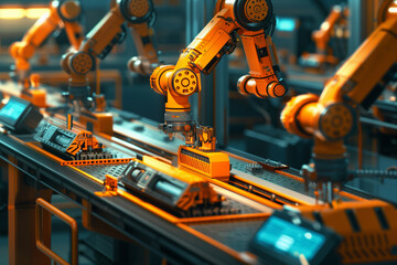 Robotic Arms Working on Conveyor Belt in Factory