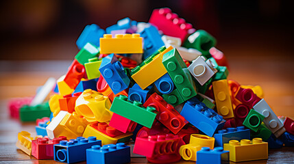 Obraz premium Colorful Interlocking Plastic Blocks on Wooden Background