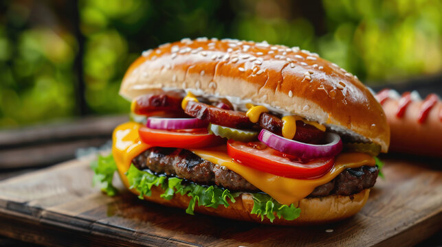 tasty hamburger with tomatoes, onion, chees