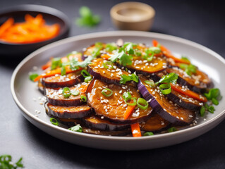 Tender slices of eggplant topped with tangy Asian sauce and sesame, perfect for gourmet and exotic food photography