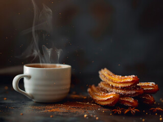Aromatic coffee and golden churros presented on a stylish black platter, offering a delectable treat in a moody setting