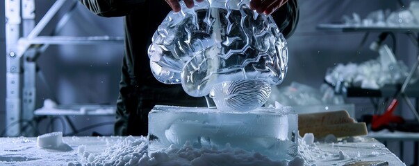 A detailed brain encased in a block of ice being carefully chipped away by an ice sculptor