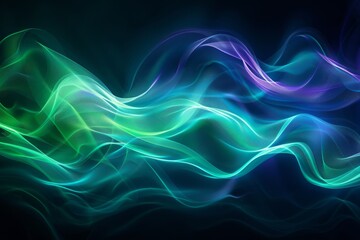 Flowing Neon Lights. An Abstract Artwork with Vibrant Waves of Green and Blue Hues.