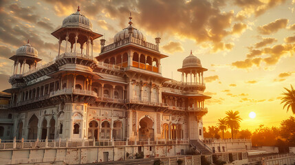 Majestic Indian Palace, Ancient Architecture with Intricate Artwork Against a Blue Sky - Powered by Adobe