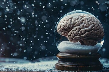 A frozen brain encased in a snow globe, with flakes swirling around it as if its snowing thoughts