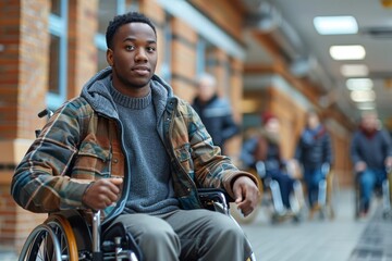 Young man in casual attire using a wheelchair navigating through an indoor space
