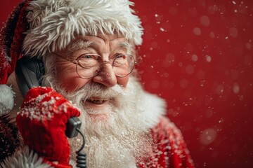 A close-up image of Santa Claus in a festive setting, holding an old-fashioned rotary telephone Snowflakes add a magical touch
