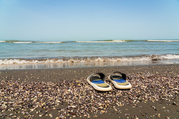 Flip flops on the ocean shore