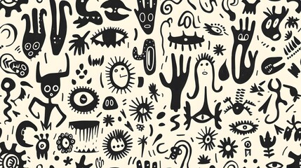 Whimsical Abstract Doodle with Quirky Blob Like Creatures and Patterns