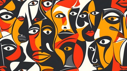 Diverse Faces in Vibrant Geometric Abstract Representing Inclusion and Cultural Identity