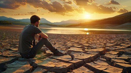 Young man sitting on cracked earth in a dried up river bed, with a background of mountains and a sunset sky. Concept for global warming, climate change or an environmental award day.