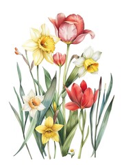 A delicate watercolor illustration of spring flowers blooming, including tulips and daffodils in bright, cheerful colors, isolated on a white background