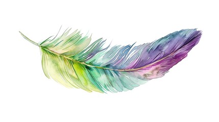 An intricate watercolor portrayal of a hummingbird feather, highlighting its shimmering green and purple tones, set against a white backdrop.