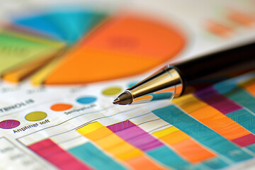 Fototapeta premium Macro shot of colorful pie charts and bar graphs on an economic report, pen pointing at key figures 