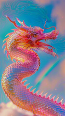 Fototapeta premium japanese dragon,light pink scales,Blue sky and rainbow in the background, The dragon's body is snake-like and has no wings -