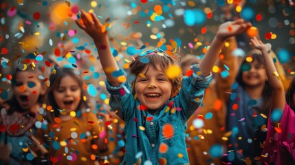 A cheerful little boy has confetti at a birthday party with a group of friends. who were cheering and celebrating with confetti falling down