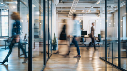 Business workplace with people in walking in blurred motion in modern office space - Concept work process - Models by AI generative