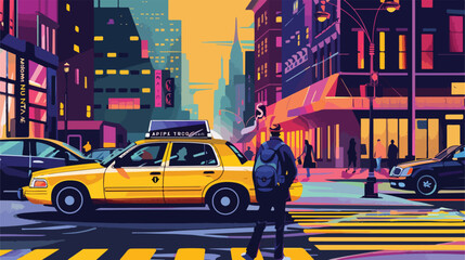 Tourist catching taxi on city street style vector