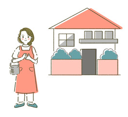 買い物カゴを持った訪問ヘルパーと住宅  人物と建物のイラストセット