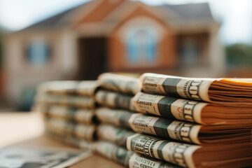 Macro shot of stacked currencies against property backdrop symbolizing global real estate investment 