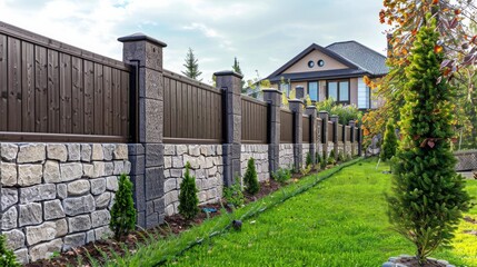 A recently constructed wooden fence featuring decorative stones on its stone pillars. Landscaping. Trimmed lawn and rock hill. Young maple tree. Solid fence wall. House territory accomplishment