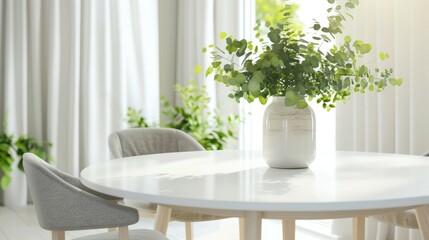 A bright and airy modern interior with a white round table, elegant grey upholstered chairs, and a chic vase with fresh green leaves, complemented by soft natural light, 3D render