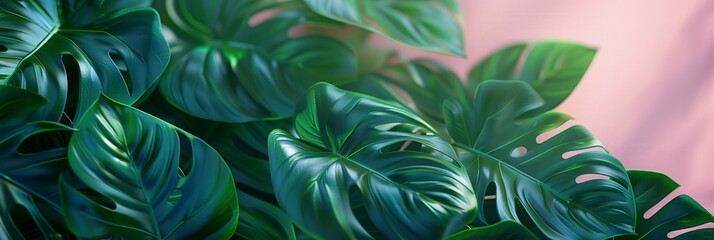Leaves Background. Leaves on paster background with copy space. Minimalist pastel background with green leaves. Monstera leaves on pastel background.